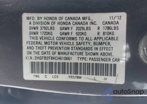 2012 Honda Civic Ex z USA, uszkodzony, nr VIN 2HGFB2F84CH610661